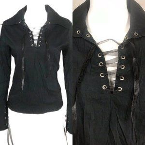 Storm M Top Blouse Black Drawstring V Neck Sleeves